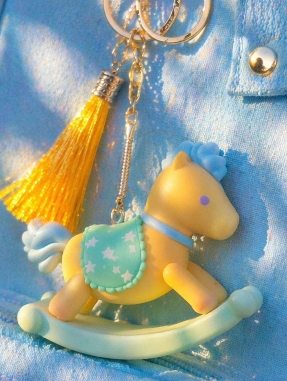 Sanrio Bag Charm Keychain Yellow Rocking Horse Nursery Hello Kitty Gold Tone